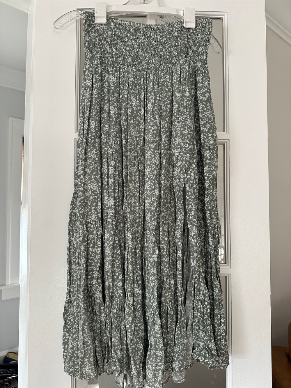 Smocked Waist Green Floral Maxi Skirt with front slit